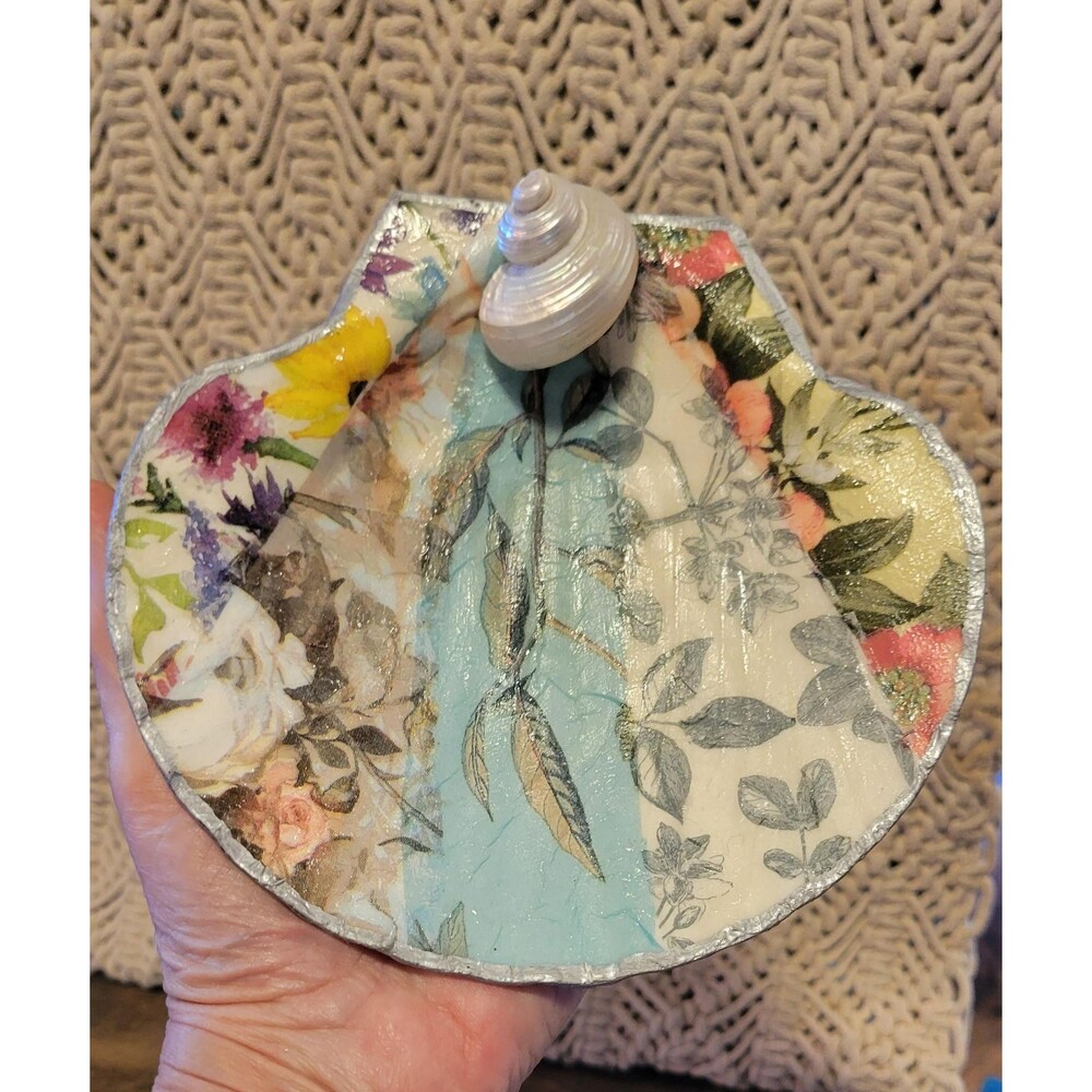 Large Multi Pattern Decoupaged Scallop Shell Trinket Dish - 6.5"